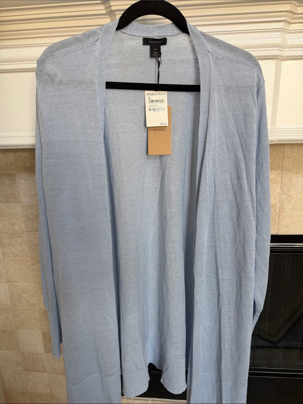 Halogen Light BlueLinen Blend Draped Open-Front Long Cardigan